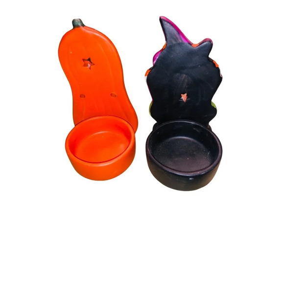 Pair Halloween Pumpkin & Witch Tealight Candle Holders Spooky Decor - Picture 2 of 3